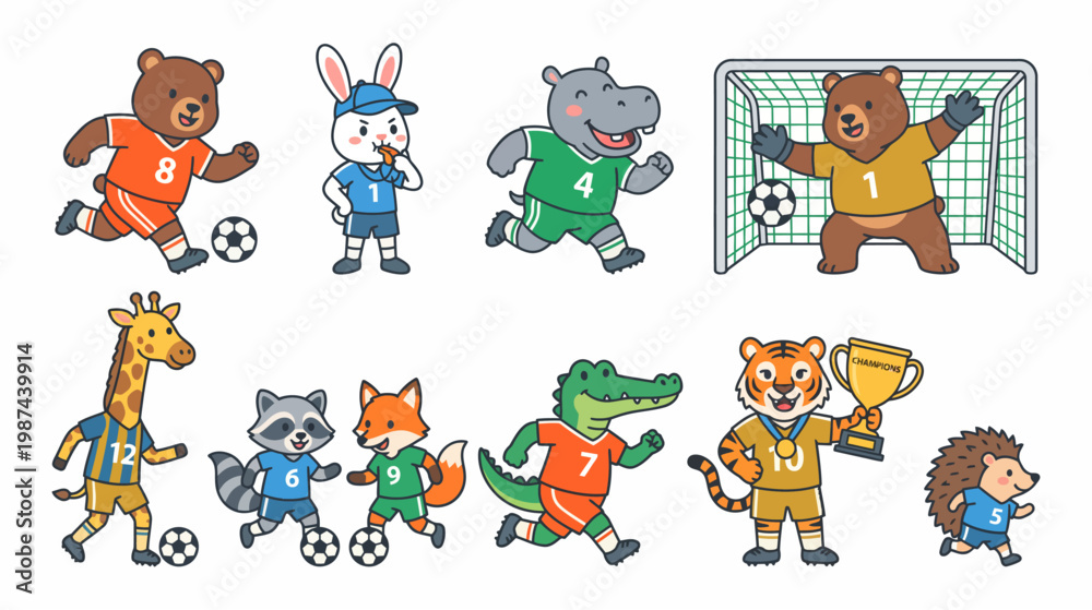 Fototapeta premium Cartoon animals playing soccer goalkeeper and celebrating with trophy various sports actions