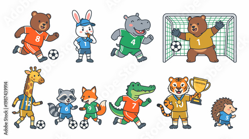Cartoon animals playing soccer goalkeeper and celebrating with trophy various sports actions