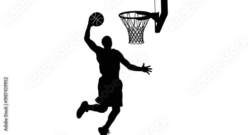 Dynamic silhouette of a basketball player performing a powerful slam dunk.