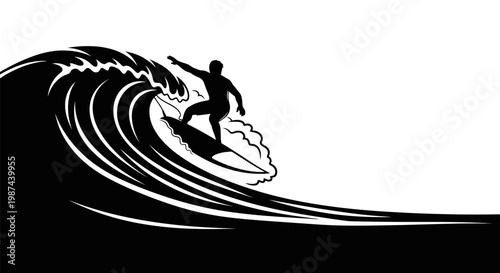 Dynamic Silhouette of a Surfer Riding a Powerful Ocean Wave.