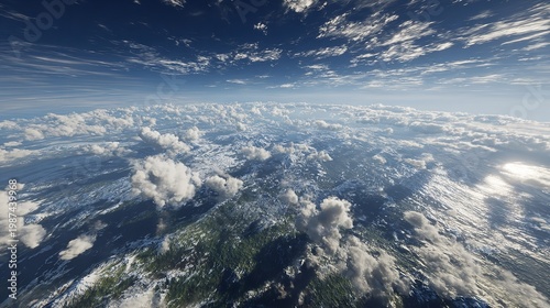 An aerial view shows white clouds floating high above the blue horizon where the sun light touches the earth atmosphere from a flight plane