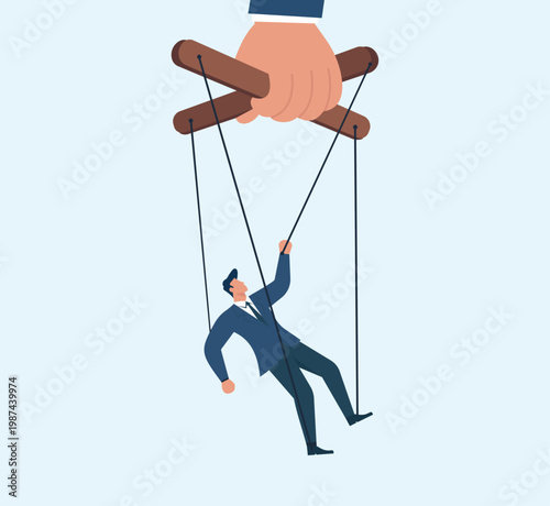 Flat vector illustration of a giant corporate hand controlling a tiny businessman puppet on strings, depicting workplace manipulation and micromanagement, Corporate Micromanagement