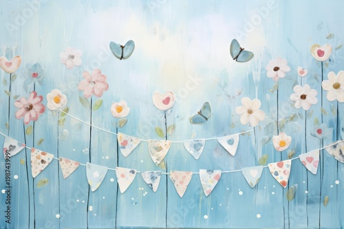 Hand painted art depicting a whimsical garden with blooming flowers, butterflies, and decorative bunting