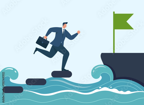 Flat vector illustration of a determined businessman running across stepping stones over turbulent waves toward a green goal flag on a cliff, Overcoming Business Challenges