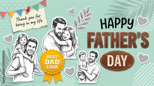 Happy father's day celebration with family illustrations and heartwarming moments on a green background with colourful decorations