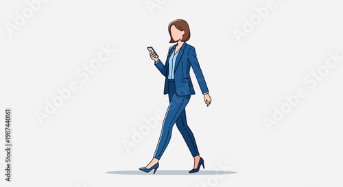 Professional woman in blue suit walking and using smartphone.