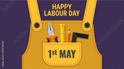 Happy labour day 1st may celebration with tools in apron pocket on purple background