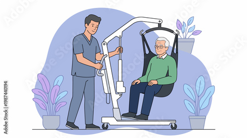 Caregiver assisting elderly person with mobility aid equipment promoting independence and accessibility in healthcare settings with safety and support
