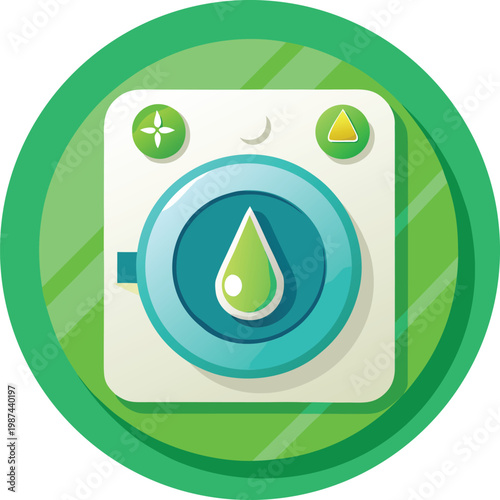 Washing Machine with Water Droplet on Control Panel for Water Conservation Strategies Isolated on Transparent Background and Eco-Conscious Environmental Awareness Content