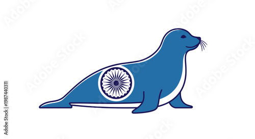 Blue seal with a circular emblem on its side a unique animal illustration.