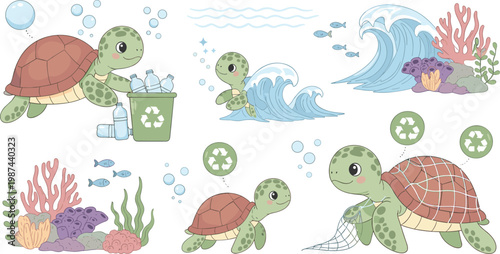 Cute kawaii sea turtle ocean conservation cartoon set with recycling, plastic waste, coral reef, ocean waves, and underwater scene on white background