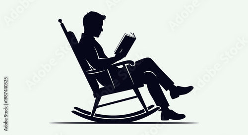 Silhouette of a man reading a book in a rocking chair.