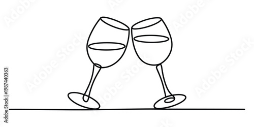 Minimalist One Line Drawing of Two Wine Glasses Clinking