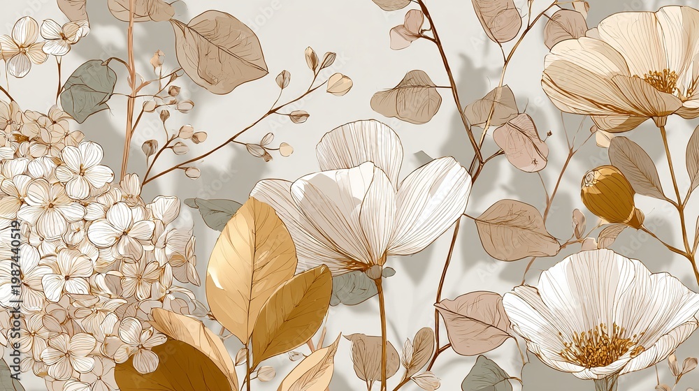 Naklejka premium A beautiful floral pattern with white and gold flowers on a beige background