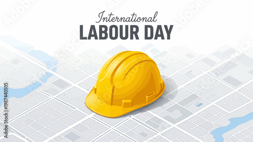 International labour day celebration with yellow hard hat on city map background
