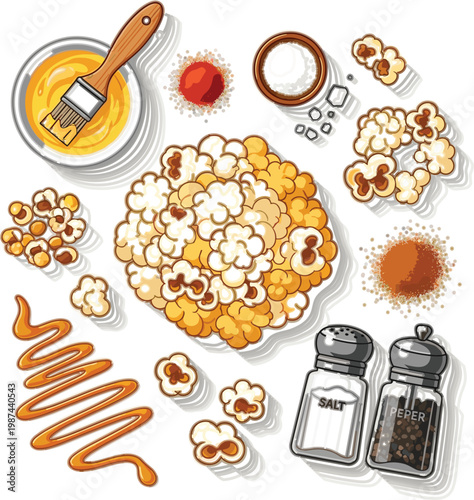 Popcorn ingredients and seasoning collection with butter, spices and toppings, detailed vector illustration for cooking, snack preparation, food styling and culinary design concepts