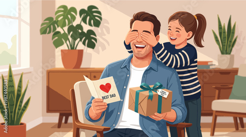 Man sitting on couch receiving surprise gift from little girl happy family moment in living room with plants and window