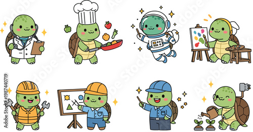 Cute kawaii turtle profession cartoon character set with doctor, chef, astronaut, artist, engineer, teacher, worker, and gardener occupation on white background