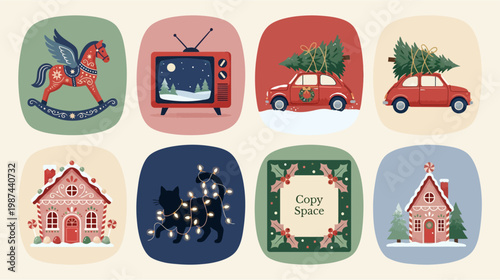 Vintage Christmas icons set with holiday symbols and decorations including a rocking horse tv car with tree house cherry blossoms and more on colorful backgrounds