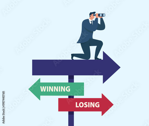 Flat vector illustration of a businessman with binoculars on a signpost with winning and losing arrows, representing strategic future choices, Strategic Decision Making, Vision and Future Planning
