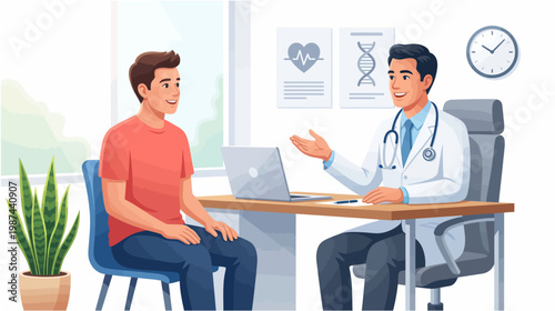 Doctor consulting patient in office with laptop and medical posters on wall