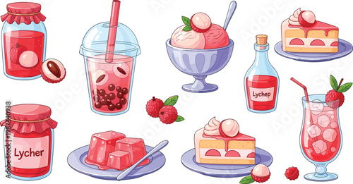 Cute lychee food and drink cartoon set with jam, bubble tea, ice cream, jelly, cake, syrup bottle, and cocktail on white background
