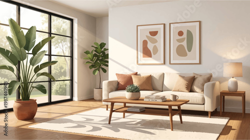 Modern living room interior with beige sofa wooden coffee table large window plants and abstract art sunny home decor