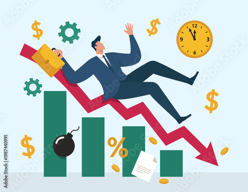 Flat vector illustration of a panicked businessman sliding down a declining red arrow graph surrounded by falling stocks, a bomb, and financial loss, Stock Market Crash