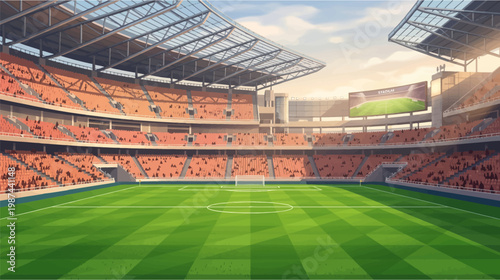 Empty soccer stadium with green field and orange seats under cloudy sky