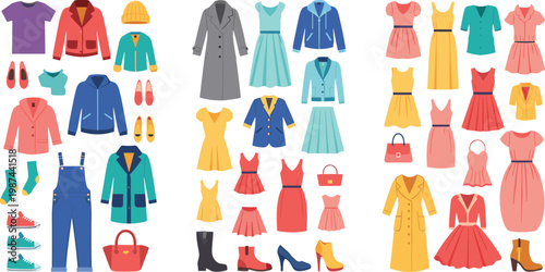 Women Fashion Clothing and Accessories Icon Set with Dresses Coats Shoes Bags and Casual Outfits Collection for Retail, Ecommerce, and Styling Design