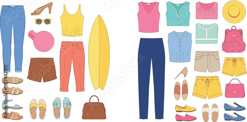 Women Summer Outfit Collection with Casual Clothing, Beachwear, Accessories, Shoes, Tops, Pants, Shorts, and Stylish Fashion Items Flat Vector Illustration Set