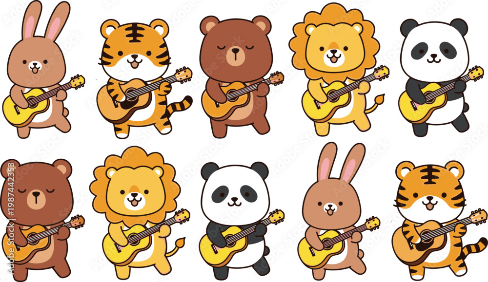 Fototapeta premium Cute Cartoon Animals Playing Guitar Collection with Bunny Tiger Bear Lion and Panda Music Character Set