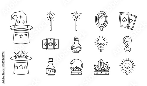 Magic circus and witchcraft line icon set with magician hat wand tarot and mystical symbols isolated on white background