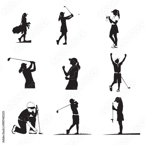 Collection of black silhouette golf player poses on white background