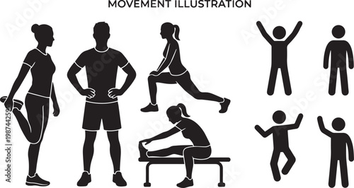 Black silhouette collection of people stretching and exercising featuring athletes performing lunges and leg stretches for fitness wellness and healthy lifestyle movement