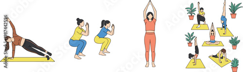 Yoga and Fitness Exercise Vector Set with Women Performing Workout Poses, Stretching, Strength Training, and Home Wellness Routine Illustrations
