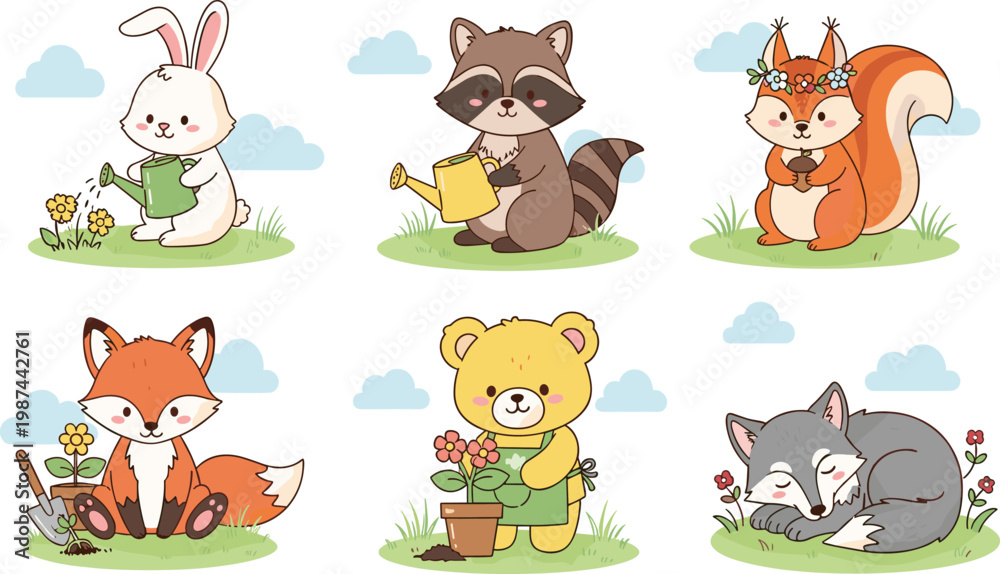Fototapeta premium Cute Forest Animals Gardening Vector Set Featuring Rabbit Raccoon Squirrel Fox Bear and Wolf Planting Flowers for Spring Nature and Kids Education