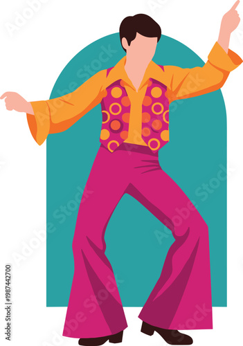 Disco dancer in flamboyant 1970s outfit, orange shirt with bold pattern, pink flared trousers, dynamic pose, retro style, vibrant colors, celebration and fun, vintage entertainment