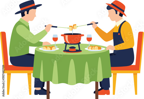 Two friends enjoying a cheese fondue dinner at a table, with wine and plates of food, cozy indoor meal, leisure activity, flat design