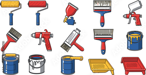 Painting tools set vector illustration paint rollers brushes spray gun buckets tray home renovation equipment decorator collection isolated on white background
