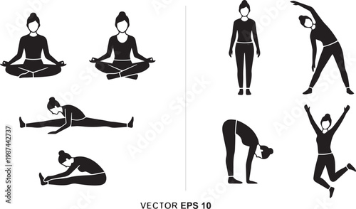 Black silhouette set of a woman performing yoga poses meditation stretching and jumping exercises for fitness wellness and healthy active lifestyle concept