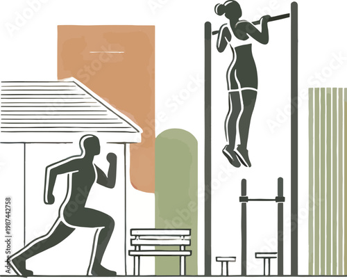 People exercising outdoors with running and pull-up bar