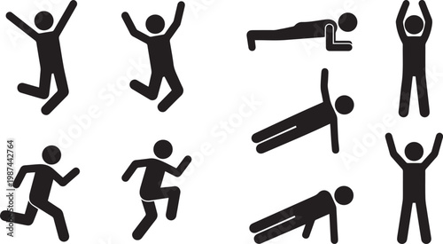Black stick figure silhouettes collection featuring people jumping running performing plank exercises and side planks for fitness health and active lifestyle concept