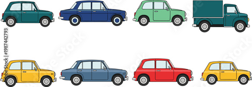 Vintage Retro Classic Car Collection Set with Colorful Sedan Truck and Old Fashioned Automobile Vehicle Illustration