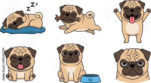 Cute Cartoon Pug Dog Collection Set with Sleeping Running Eating Sad and Funny Expression Pose Character Elements