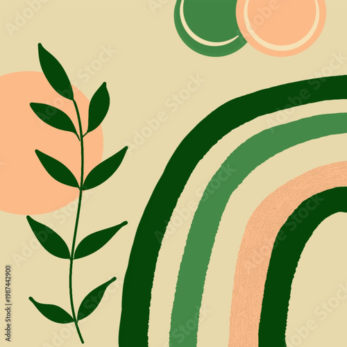 Abstract Botanical Rainbow with Organic Shapes in Green Earth Tone Minimalist Style