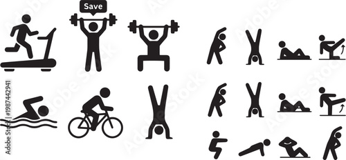 Comprehensive Collection of Fitness and Sport Icons Featuring Swimming Cycling Running on Treadmill Weightlifting Aerobics and Bodyweight Exercises for Healthy Lifestyle Concept Illustration