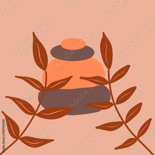 Minimalist Zen Stone Balance with Botanical Leaves in Warm Earth Tone Abstract Illustration