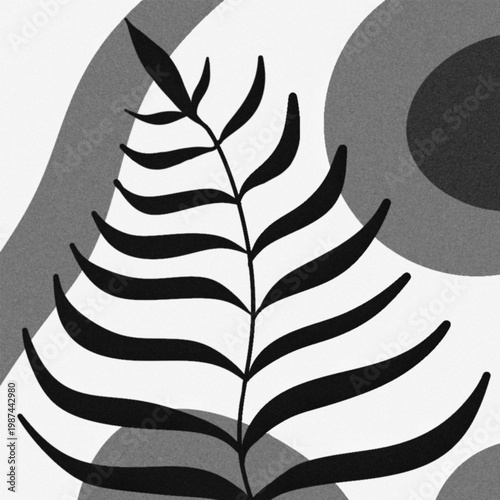 Abstract Black Fern Leaf Illustration on Geometric Background, Boho Minimalist Wall Art