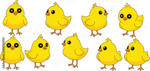Cute Yellow Little Chick Vector Set Featuring Various Poses And Expressions Including Dead Or Sick Eyes For Easter Spring And Poultry Farm Illustrations